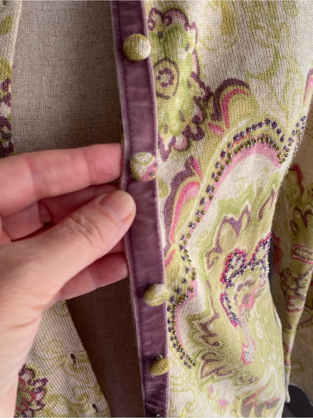 Sigrid Olsen Paisley Button-Front Long Sleeve Cardigan, in Green-Pink M EUC - Picture 5 of 14